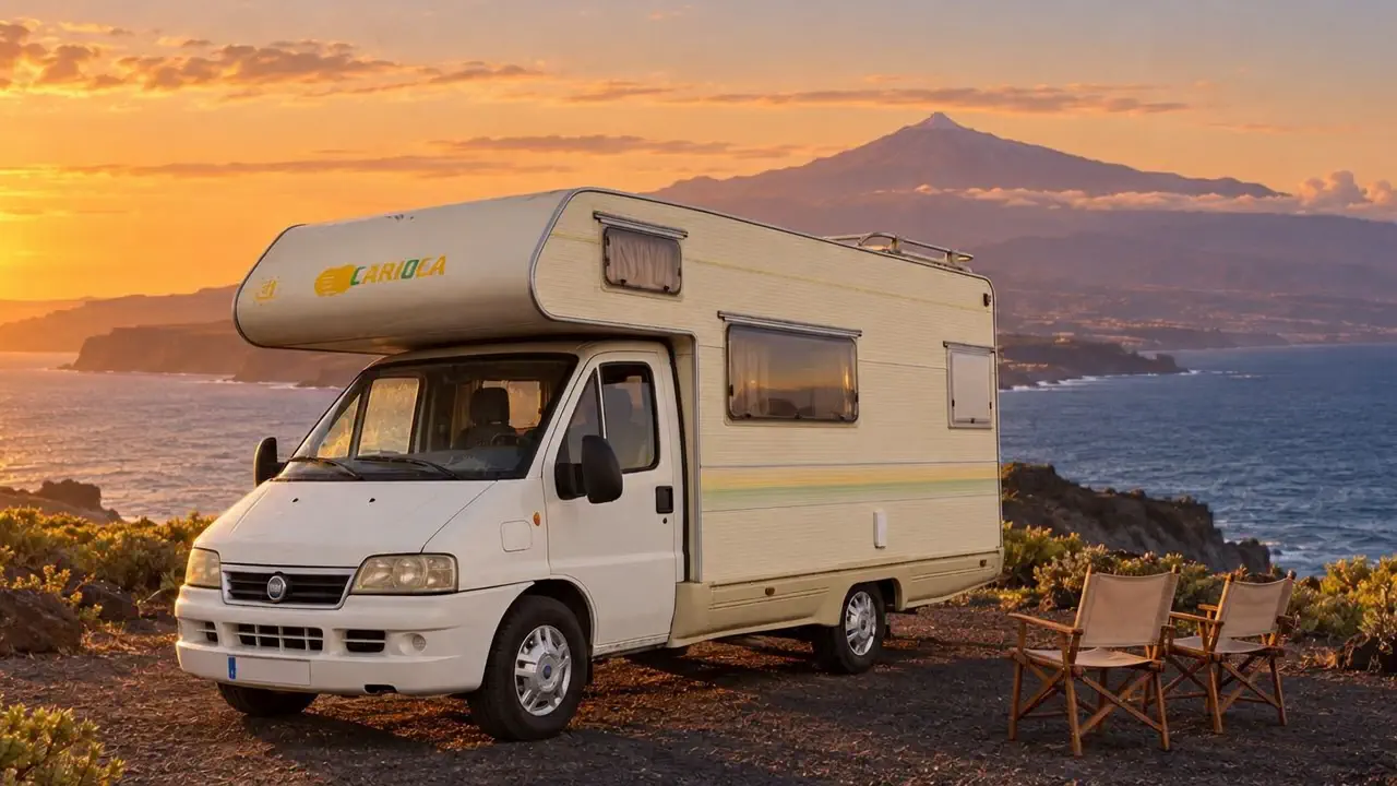 La Carioca aparcada en un mirador de la costa de Tenerife al atardecer, con el Teide al fondo